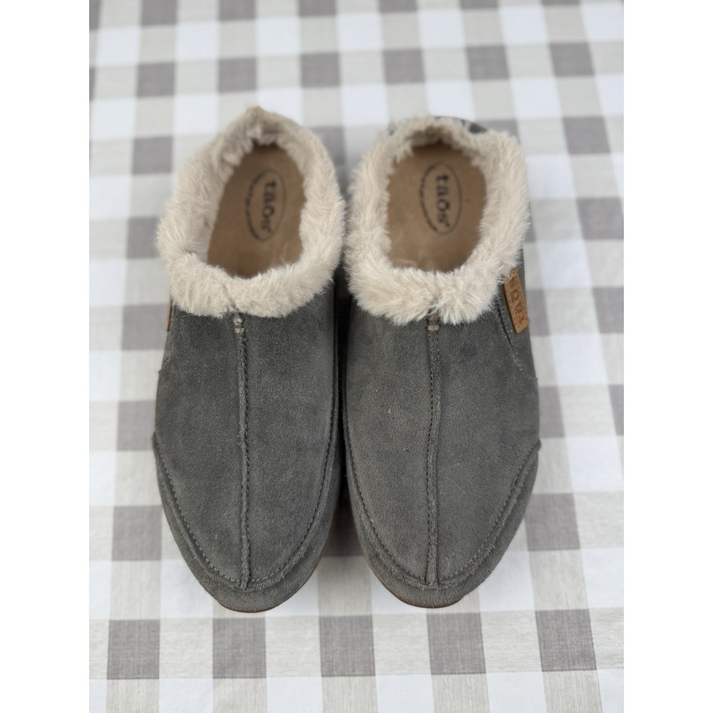 Taos Footwear Gray Suede Slip-On Shoes with Cream Faux Fur Trim